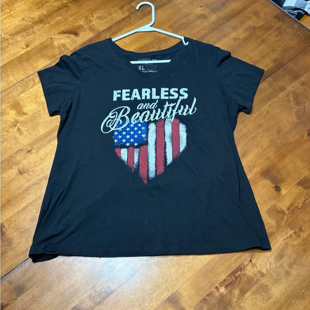 Fearless and Beautiful Black Tee with American Flag Design